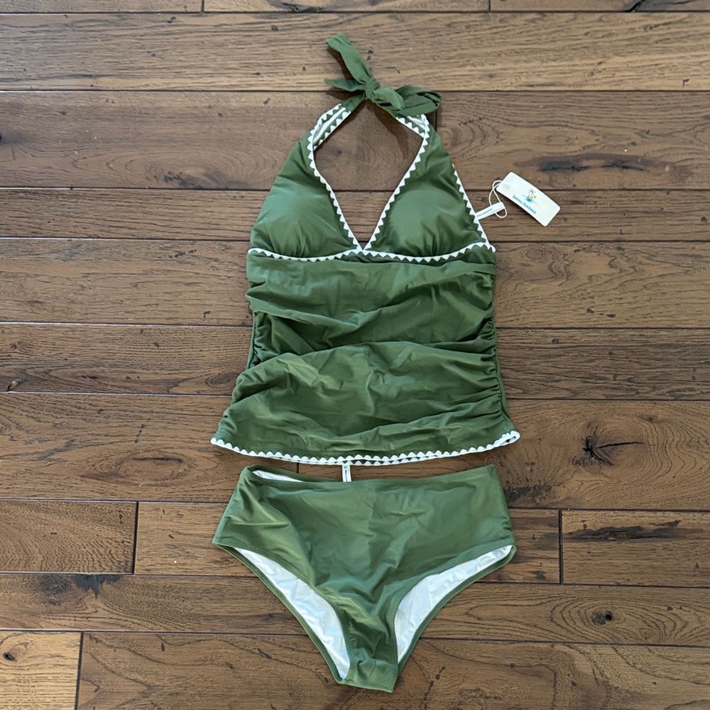 Olive Green Halter Tankini with White Trim Sz L